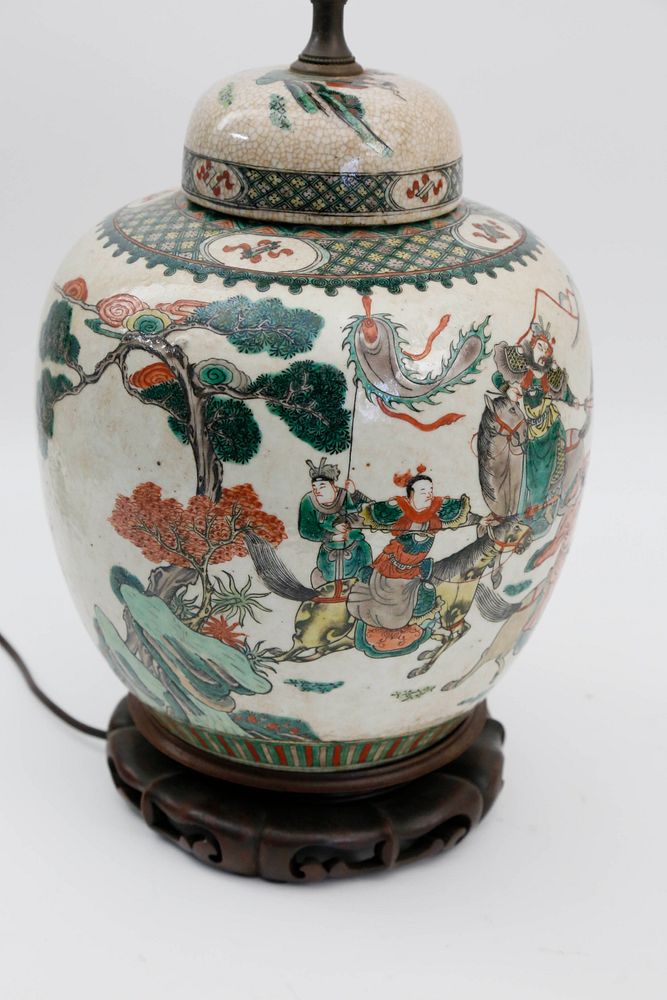 Appraisal: Chinese Porcelain Warrior Decorated Ginger Jar Lamp Chinese Porcelain Warrior