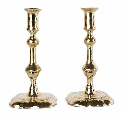 Appraisal: Pair of English Queen Anne brass petal base candlesticks ca