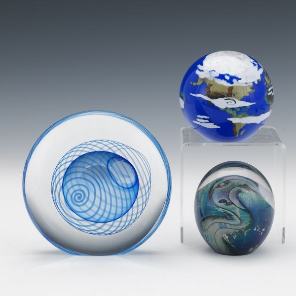 Appraisal: THREE ART GLASS PAPERWEIGHTS Including two by Erik Holt one