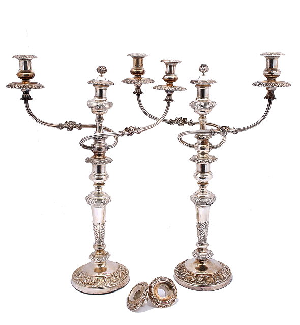 Appraisal: A PAIR OF LARGE SILVER PLATED CONVERTIBLE THREE BRANCH CANDELABRA