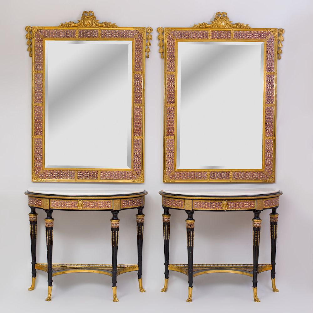 Appraisal: Pair of Italian Neoclassical Style Gilt-Bronze-Mounted Persian Enamel Mirrors and