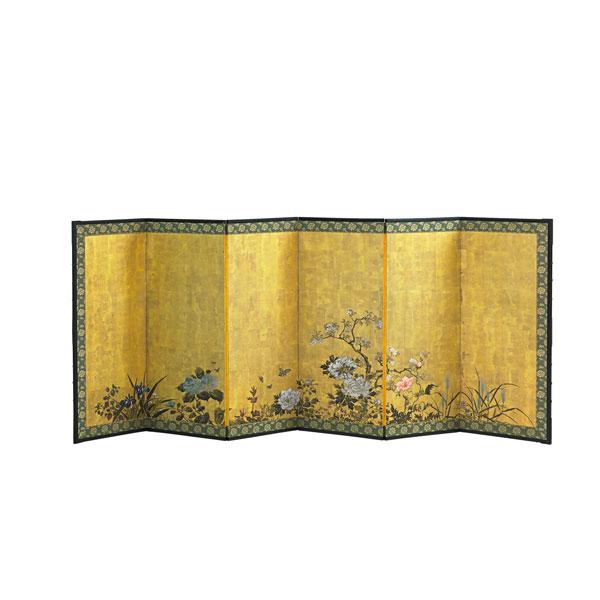 Appraisal: JAPANESE PAINTED SCREEN Floral design six panels early th c