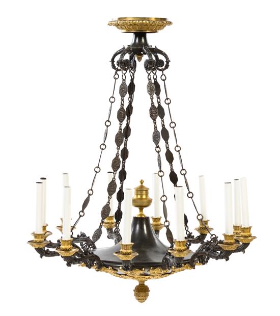 Appraisal: Sale Lot An Empire Gilt and Patinated Bronze Twelve-Light Chandelier