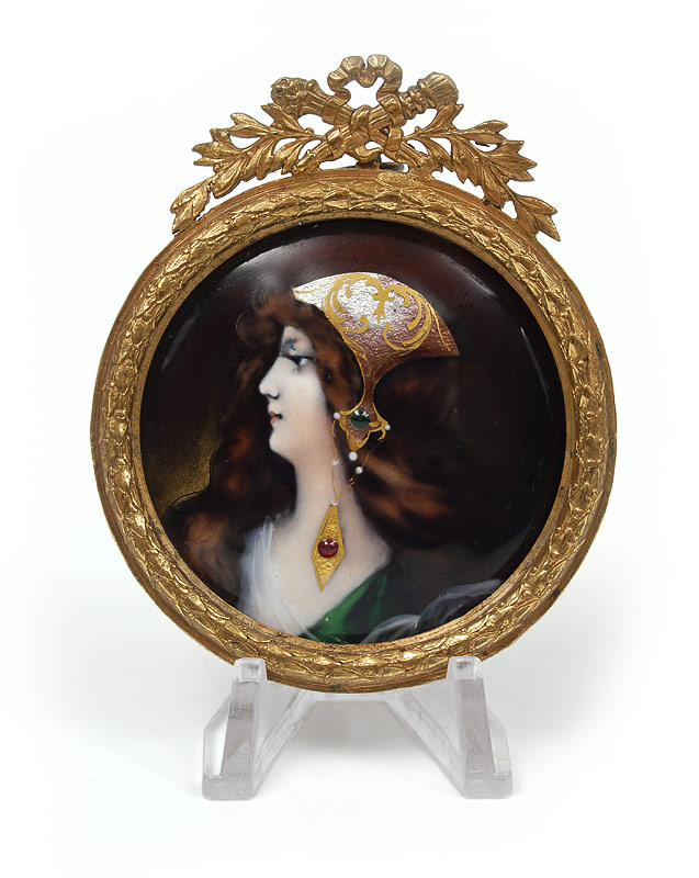 Appraisal: MINIATURE ENAMEL ON COPPER PORTRAIT OF A YOUNG BEAUTY Circular