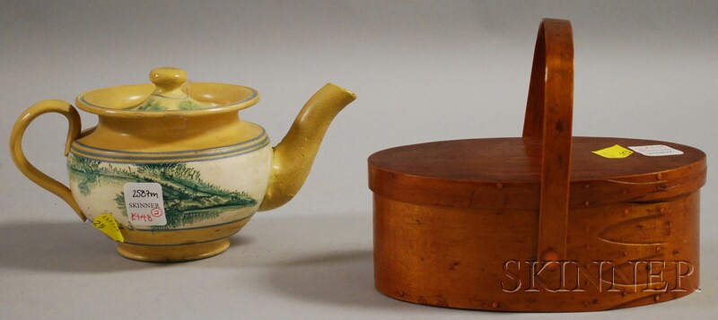 Appraisal: Mochaware Teapot and a Shaker Oval Wood Covered Lap-sided Sewing