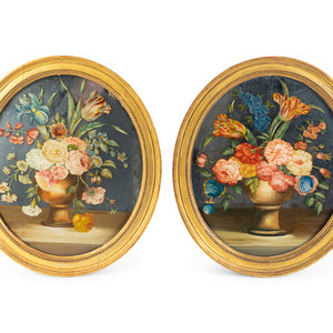 Appraisal: A Pair of English Floral Eglomise Oval Panels TH TH