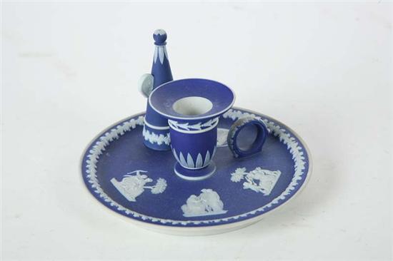 Appraisal: WEDGWOOD CANDLE HOLDER WITH SNUFFER White and blue Jasperware having