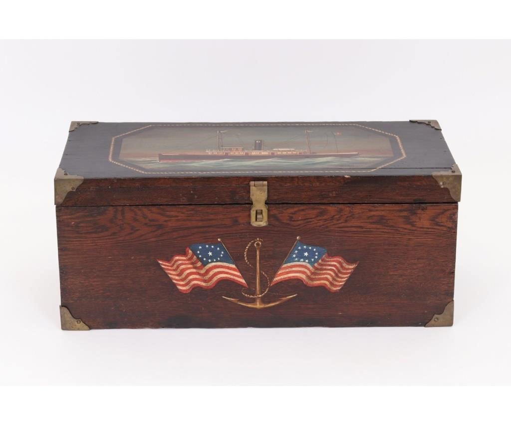 Appraisal: Oak nautical storage box the lid with a painted tug