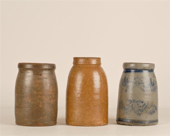 Appraisal: Three Stoneware Crocks one a grey saltglaze with cobalt flowers