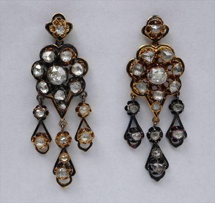 Appraisal: PAIR OF VICTORIAN ENAMELED GOLD AND ROSE-CUT DIAMOND DROP EARRINGS