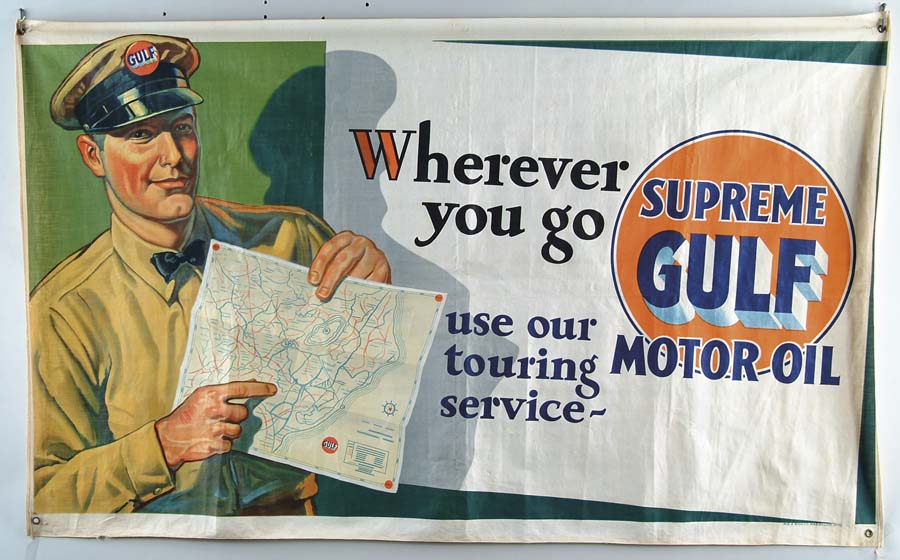 Appraisal: GULF MOTOR OIL CANVAS BANNER Colorful sign featuring attendant promoting