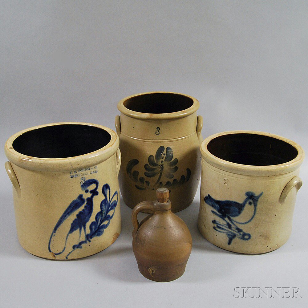 Appraisal: Four Stoneware Vessels late th century an ovoid three-gallon floral