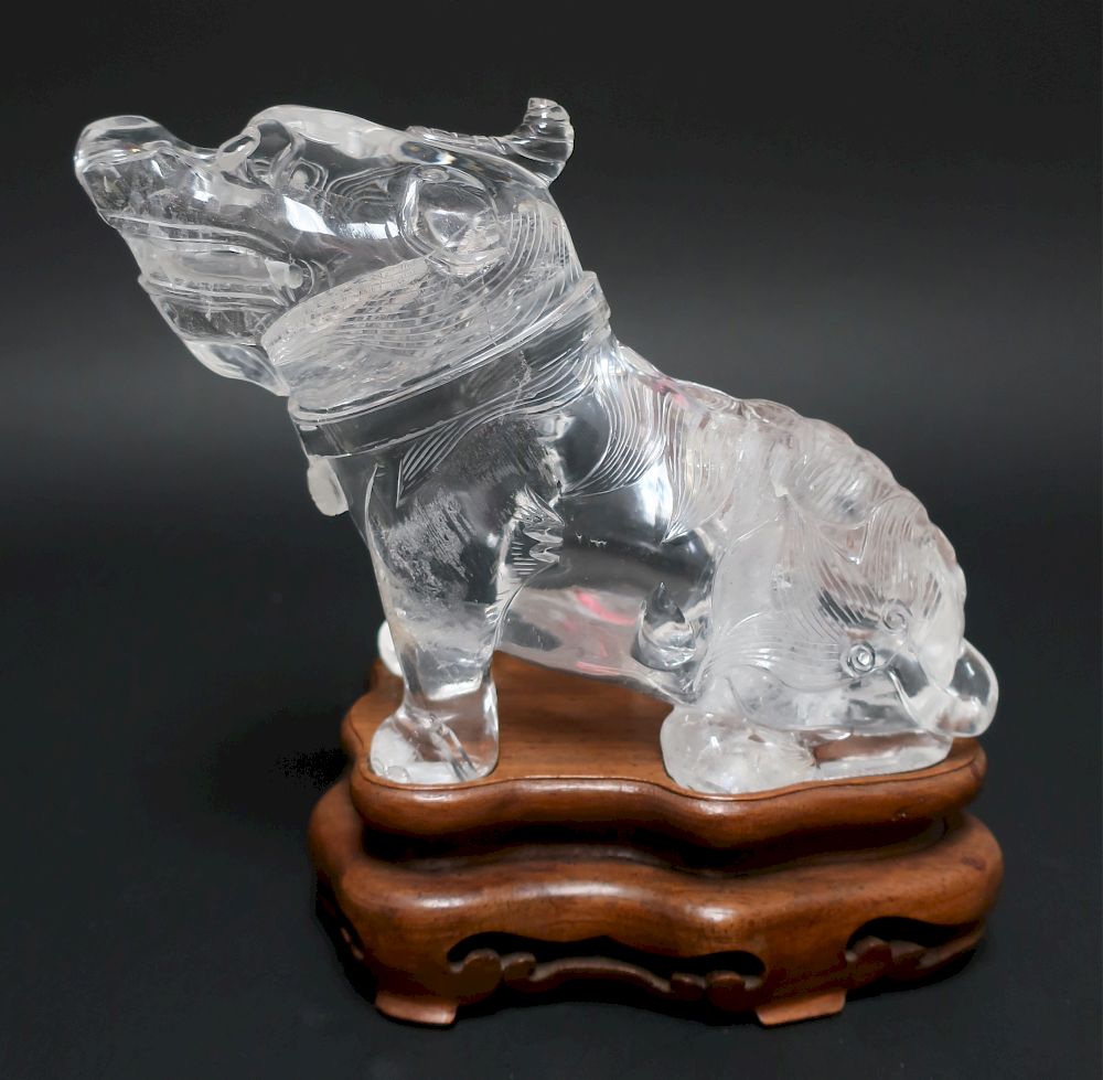 Appraisal: Chinese Carved Rock Crystal Kylin Hardwood base H x L