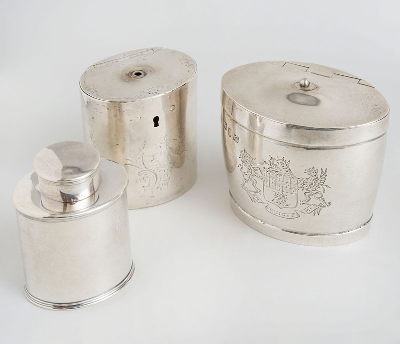 Appraisal: THREE GEORGE III SILVER TEA CADDIES Each of oval section