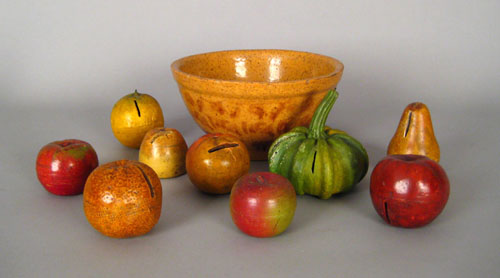 Appraisal: Nine painted redware fruit banks late th c h w