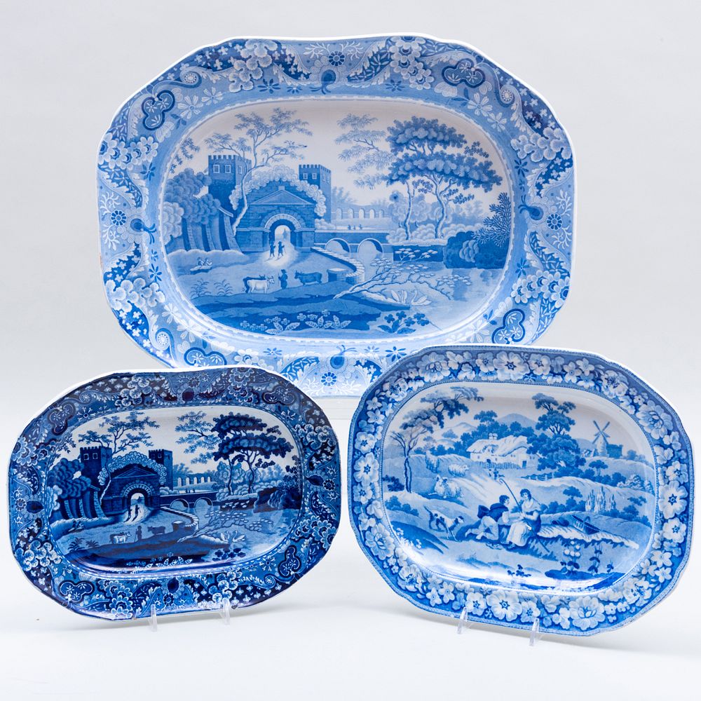 Appraisal: Three English Blue and White Transfer Printed Platters with Bucolic