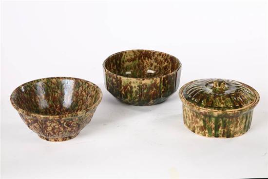 Appraisal: THREE YELLOWWARE PIECES All with green and brown sponge decoration