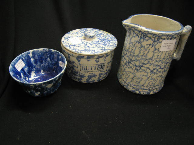 Appraisal: Pcs Blue Spongeware Decorated Pottery covered butter tub pitcher bowl