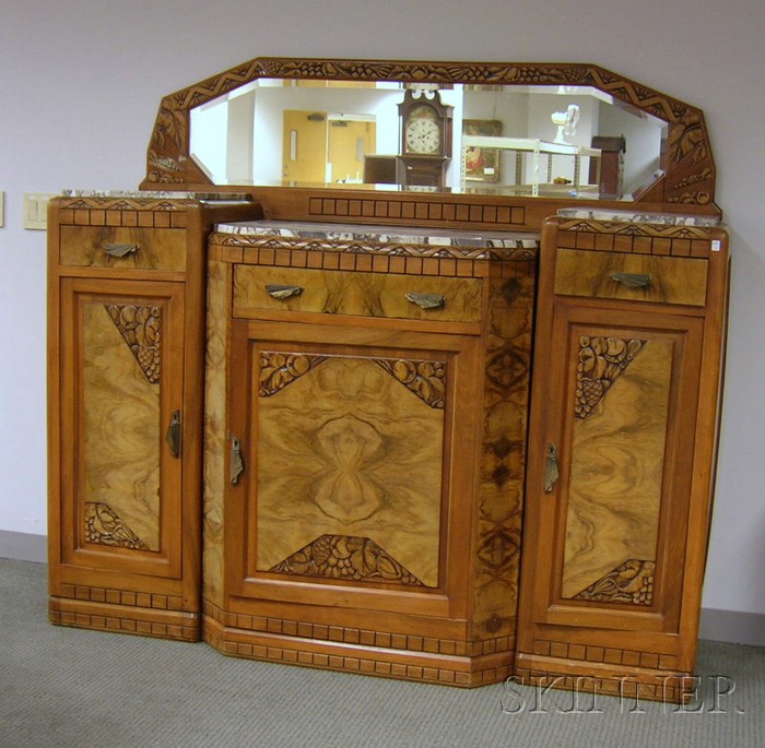 Appraisal: French Art Deco Marble-top Carved Walnut Mirrored Sideboard approx ht