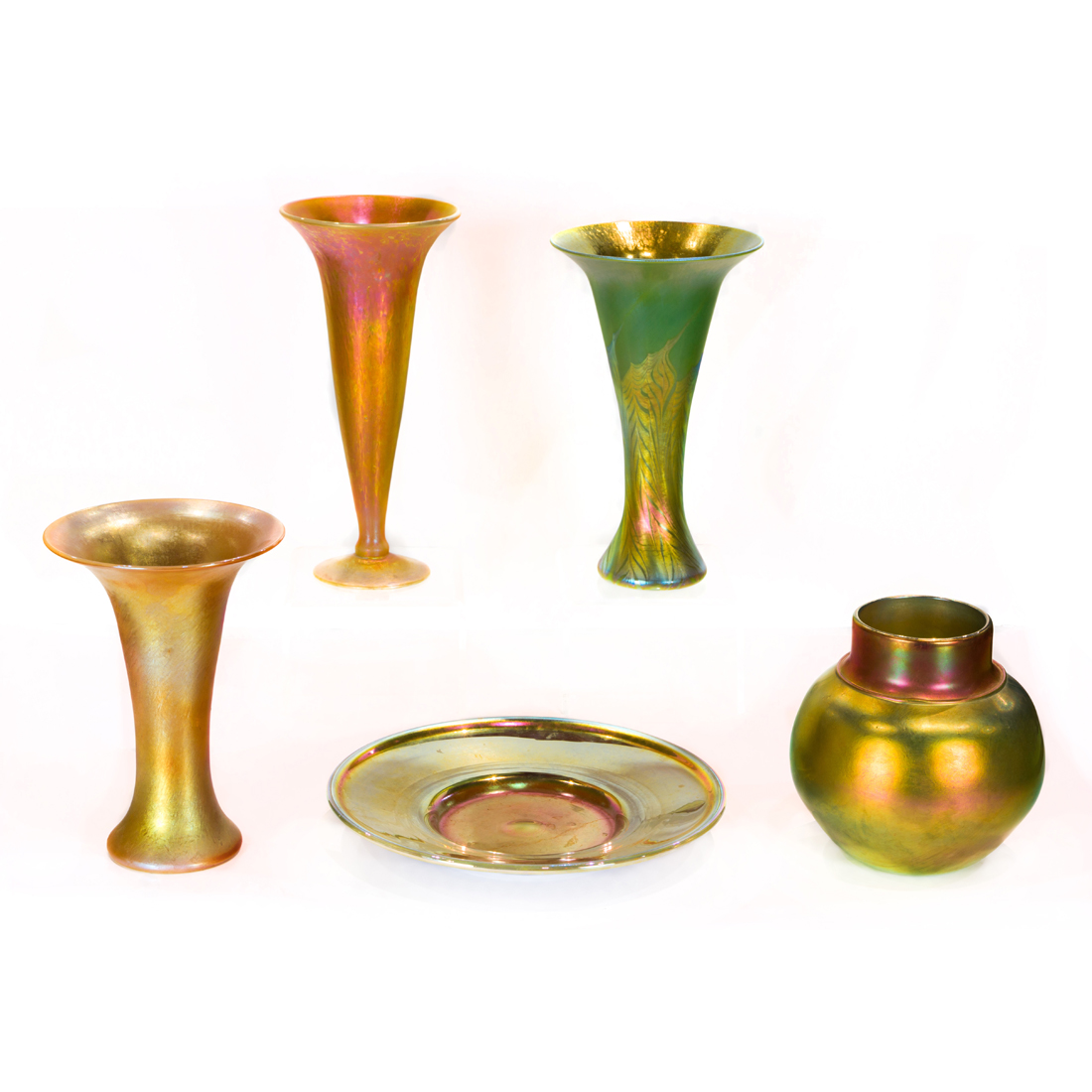 Appraisal: LOT OF LUNDBERG STUDIOS GOLD IRIDESCENT GLASS VASES AND PLATE