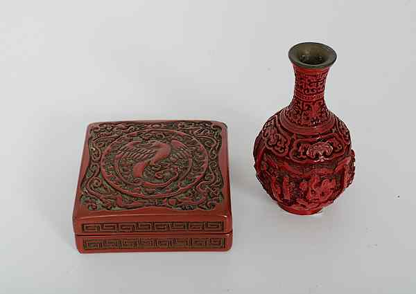 Appraisal: Cinnabar Box and Vase China A cinnabar lidded box with