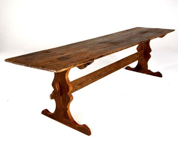 Appraisal: FRENCH COUNTRY Oak trestle table with keyed through-tenon stretcher x