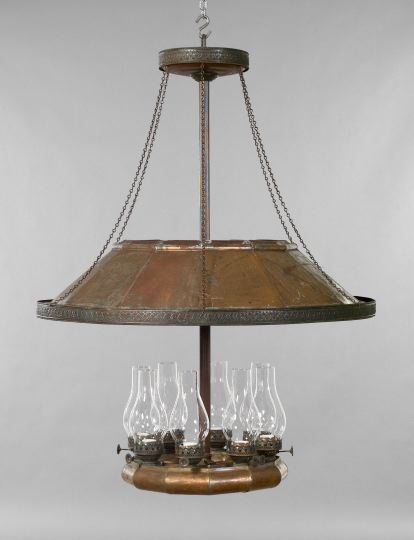 Appraisal: Continental Polygonal Tin-Shaded Eight-Light Chandelier first quarter th century in