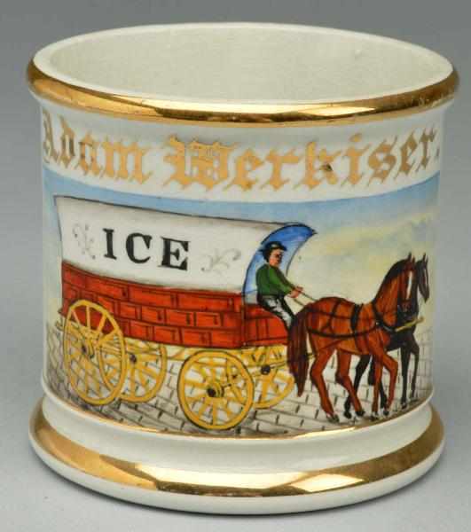 Appraisal: Horse-Drawn Ice Wagon Shaving Mug Gilded Adam Werkiser D E