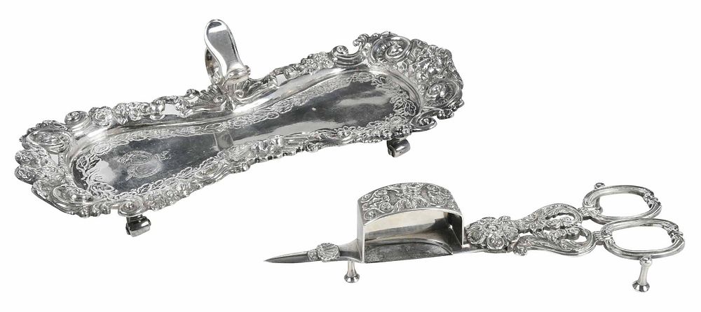 Appraisal: George III English Silver Candle Snuffer with Tray London oval