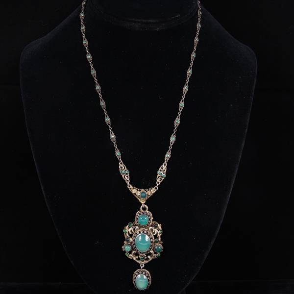 Appraisal: Austro Hungarian Silver Gilt Renaissance Revival Chrysoprase Filigree Pendant Necklace