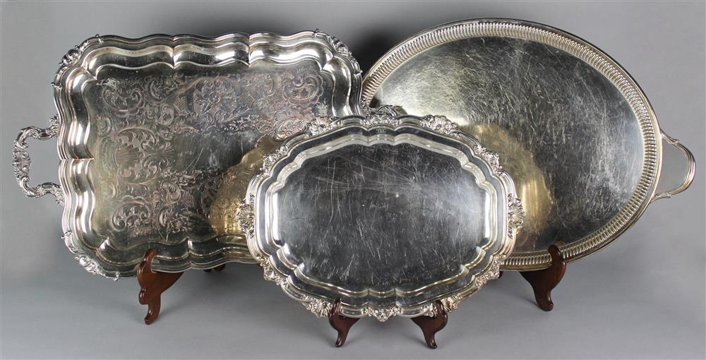 Appraisal: THREE VARIOUS SILVERPLATED SERVING TRAYS early to mid- th Century