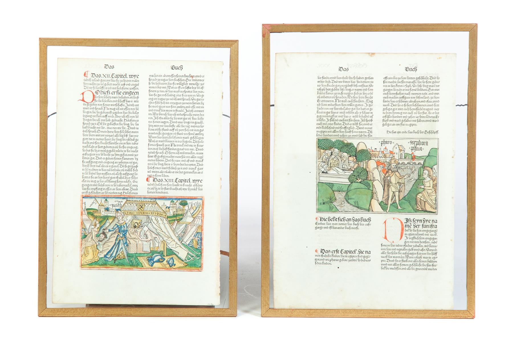 Appraisal: TWO GERMAN BIBLE PAGES WITH PRINTS Early Bible pages printed