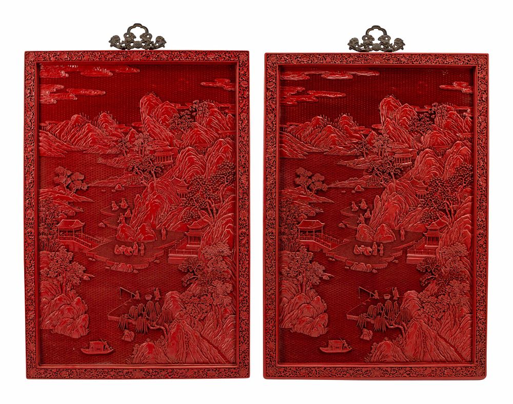 Appraisal: A Pair of Chinese Export Carved Red Lacquer Panels A