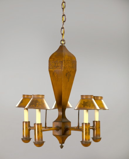 Appraisal: French Antiqued Gold Tole-Peinte Paneled Five-Light Chandelier of attenuated Montgolfier