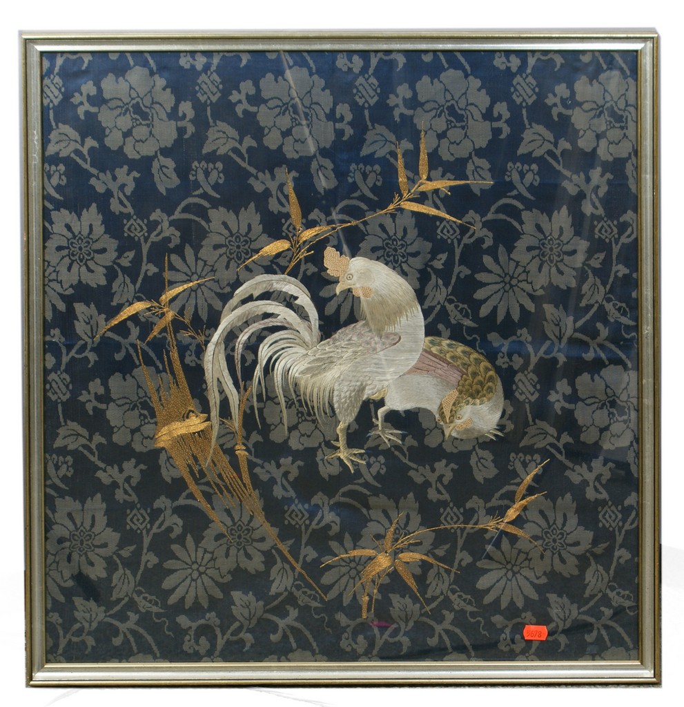 Appraisal: Asian embroidered metal thread and silk panel depicting roosters on