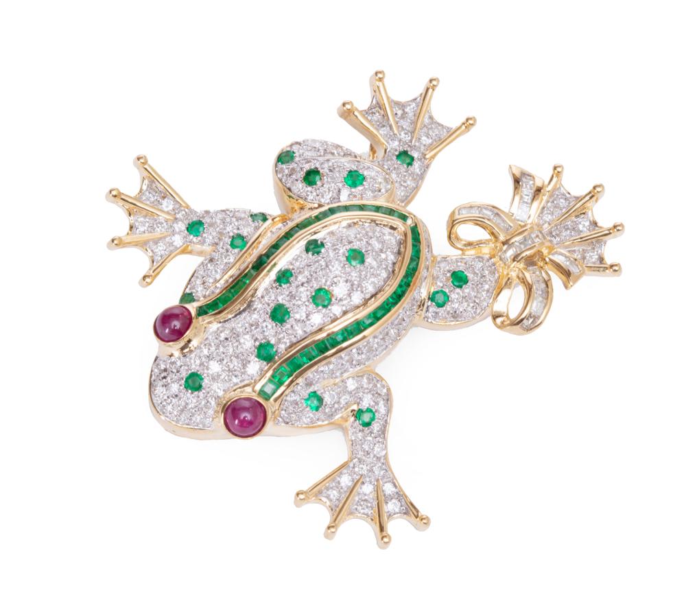 Appraisal: kt Yellow Gold Diamond Emerald and Ruby Frog Brooch set