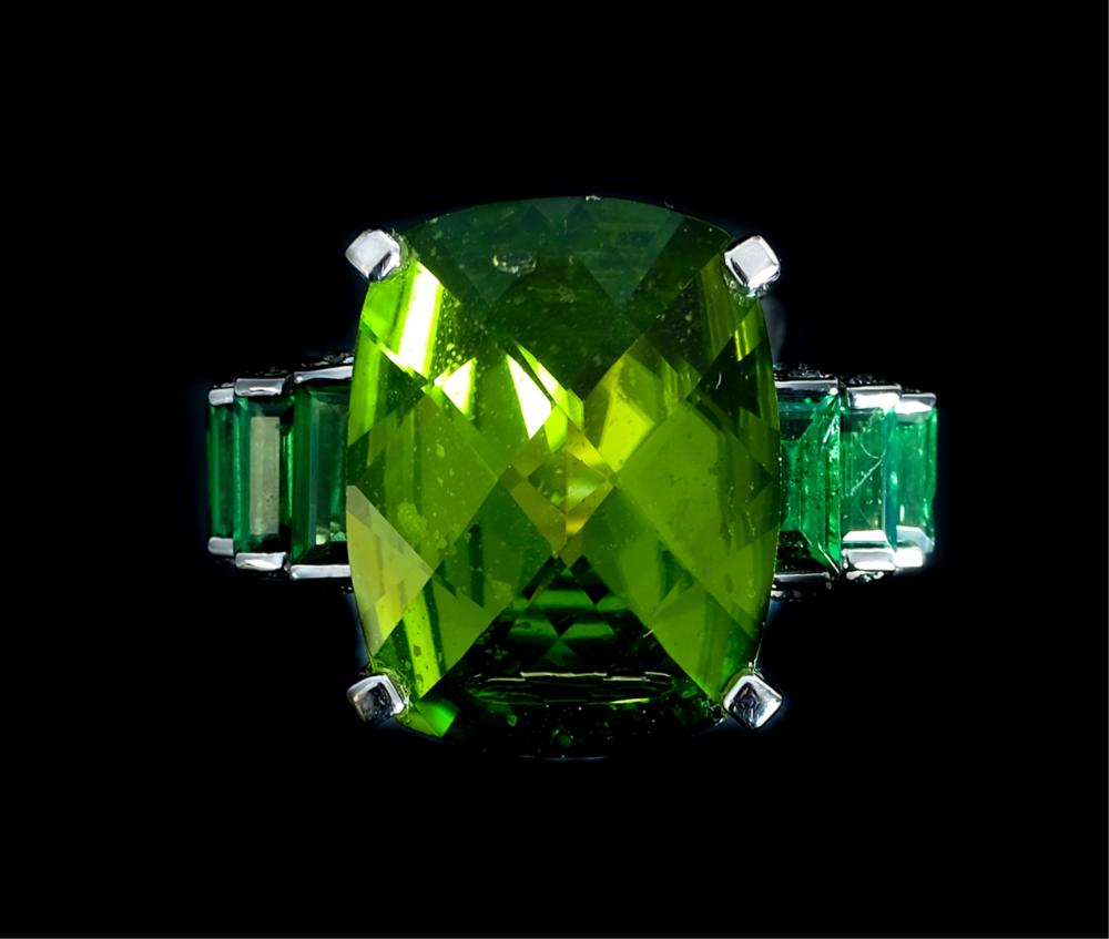 Appraisal: K WG PERIDOT RING W DIAMONDS EMERALDS k white gold