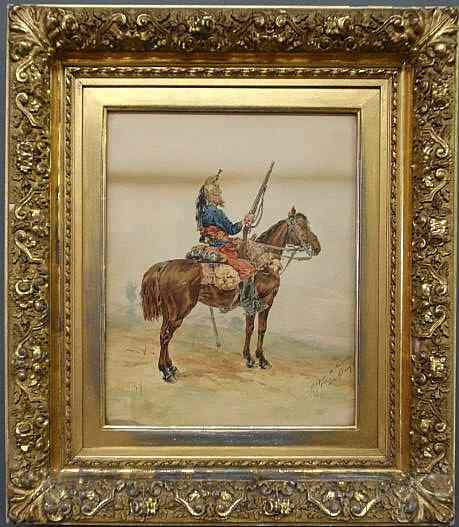 Appraisal: Watercolor painting of a French dragoon signed l r d'apres