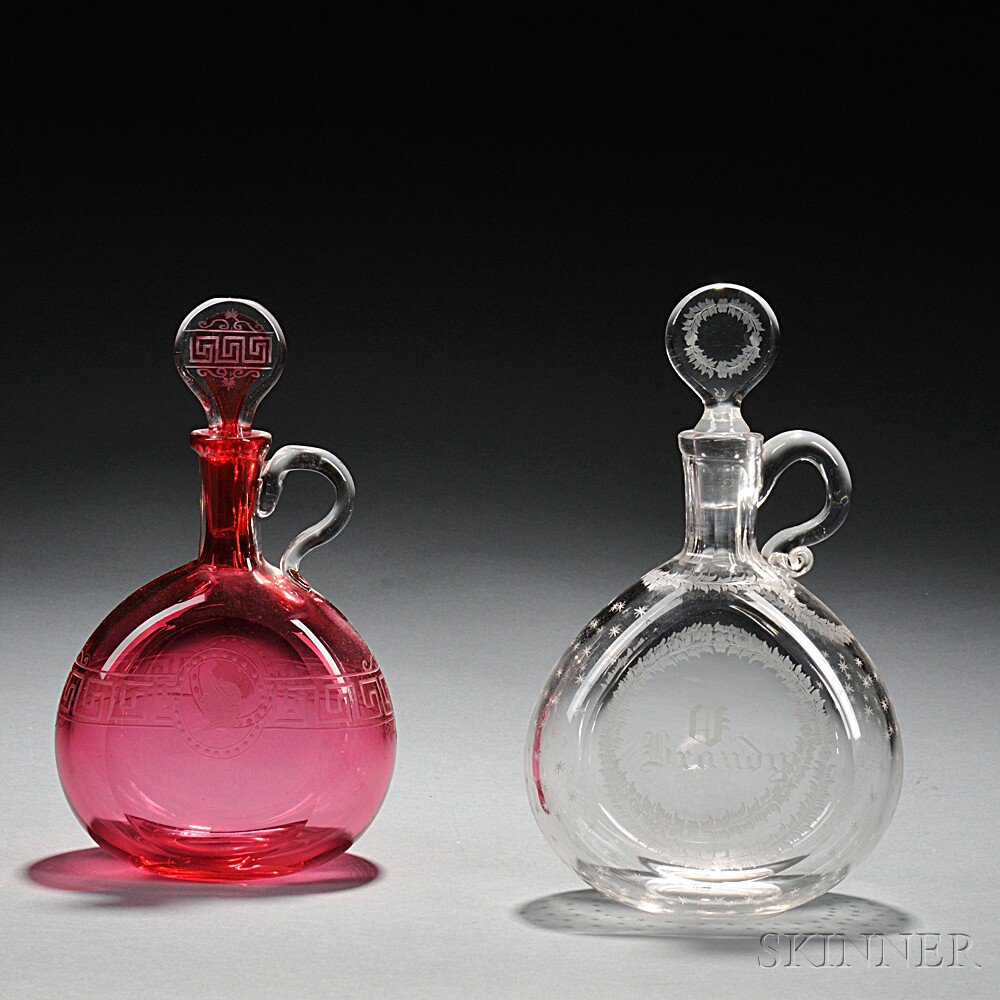 Appraisal: Two Etched Glass Decanters th century probably Boston Sandwich Glass