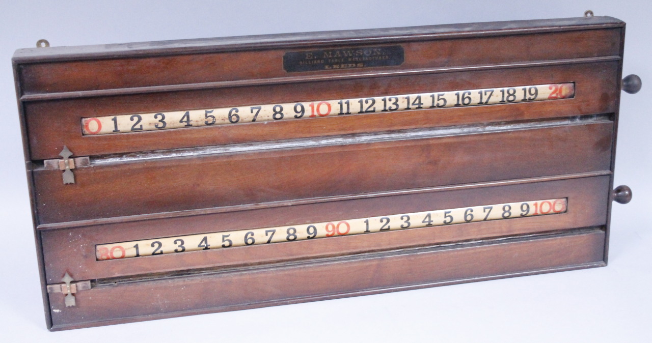 Appraisal: An Edwardian mahogany snooker scoreboard by E Mawson Billiard Table