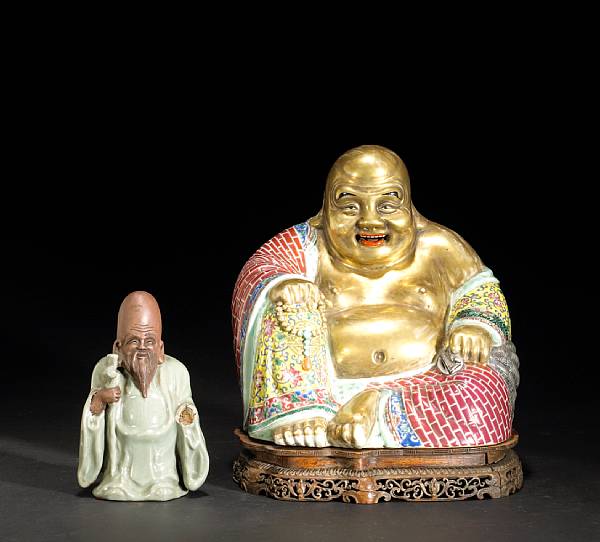 Appraisal: Two glazed ceramic figures Republic Period The first a gilt-finished