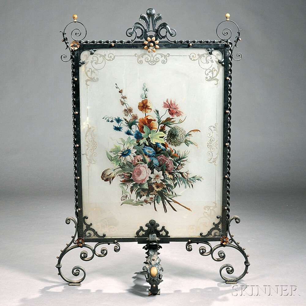 Appraisal: Wrought Iron Reverse-painted Firescreen th th century the frame with