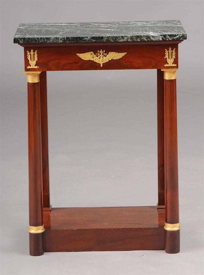 Appraisal: EMPIRE GILT-BRONZE-MOUNTED MAHOGANY CONSOLE TABLE The veined green marble top