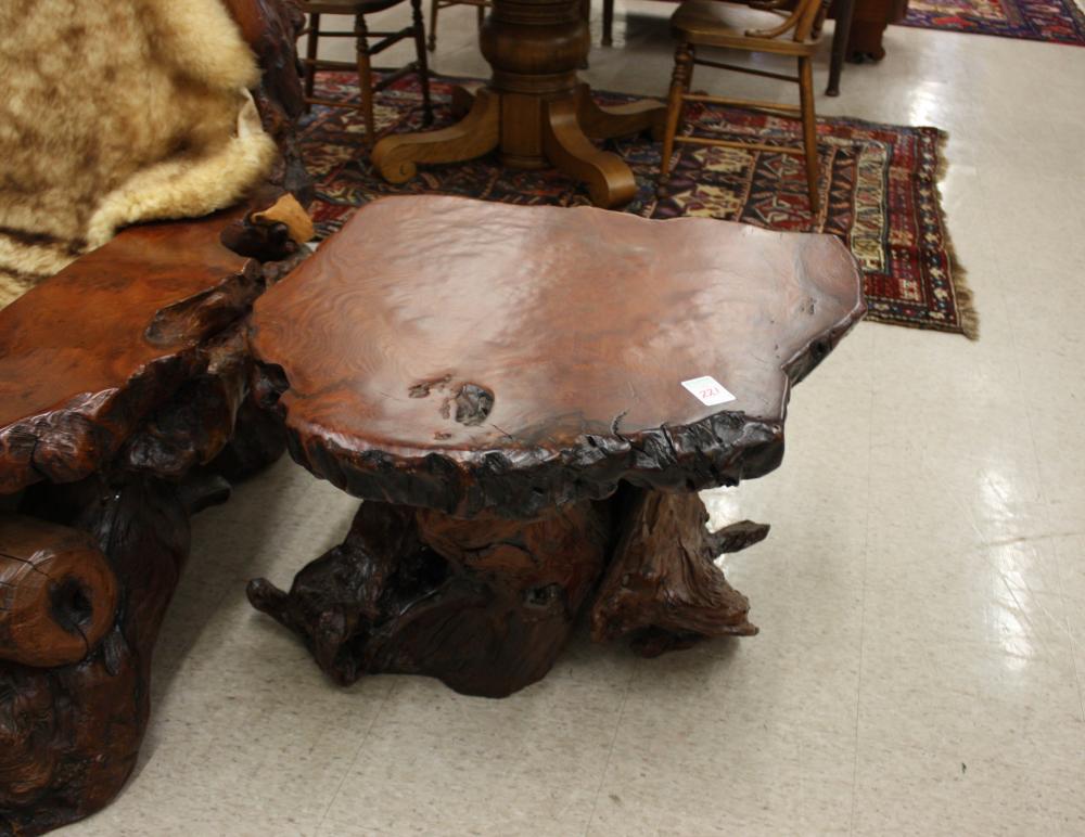 Appraisal: THREE-PIECE CUSTOM ARTISAN STUDIO REDWOOD BURL LOW TABLE AND STOOL