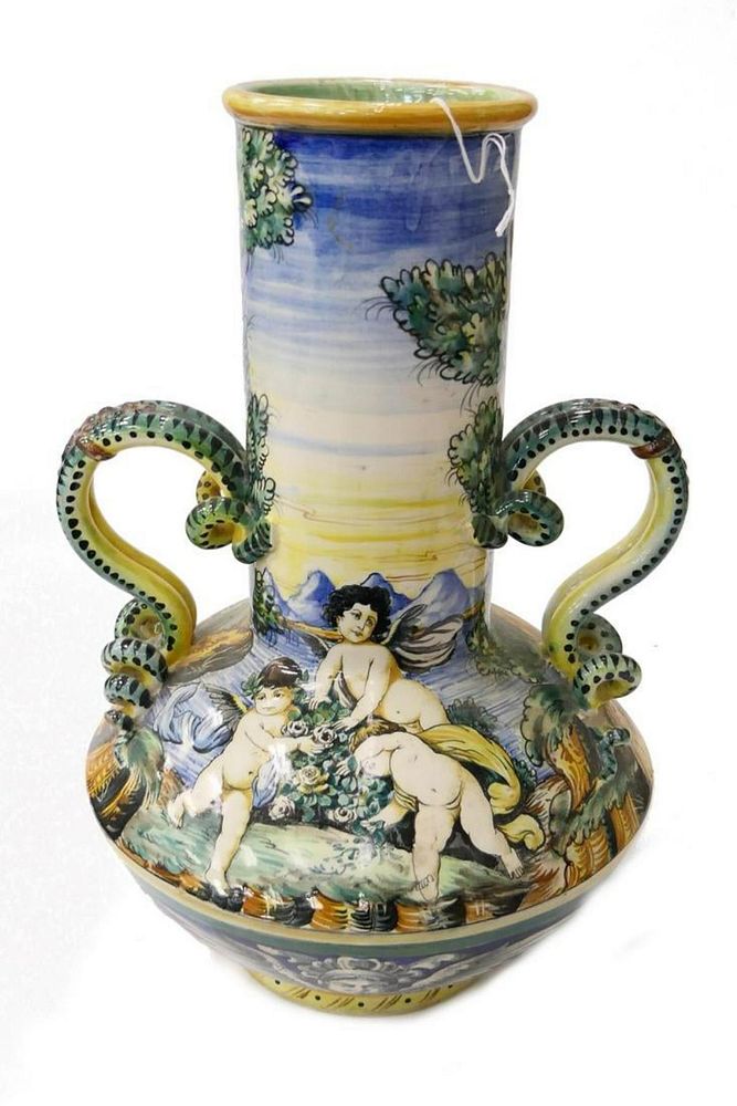 Appraisal: ITALIAN LARGE MAJOLICA HANDLED VASE ITALIAN LARGE MAJOLICA HANDLED VASE