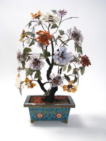 Appraisal: Vintage jade tree in cloisonne pot '' high few flower