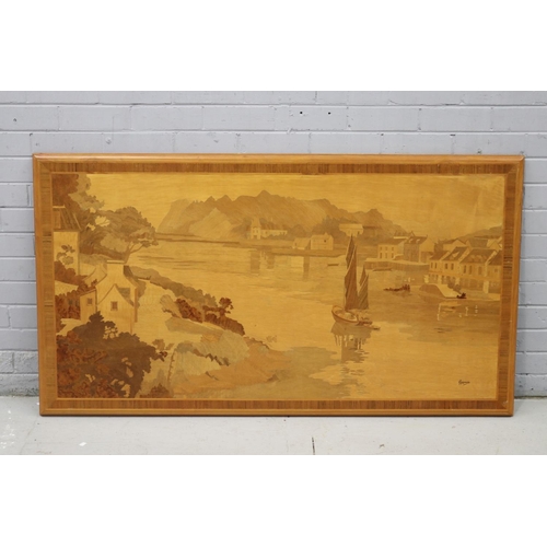 Appraisal: Inlaid marquetry wood panel river landscape approx cm H x