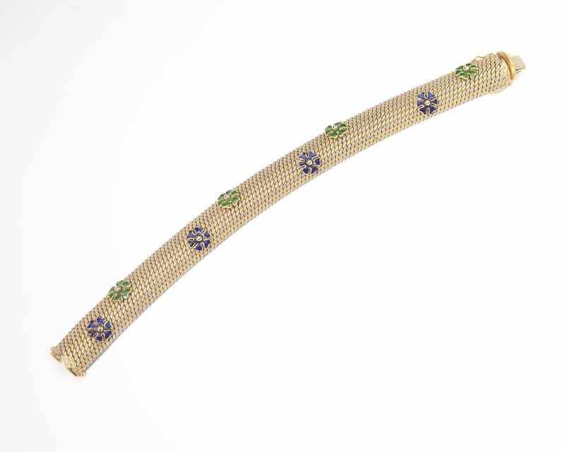 Appraisal: K bicolor gold mesh accented with blue and green enamel