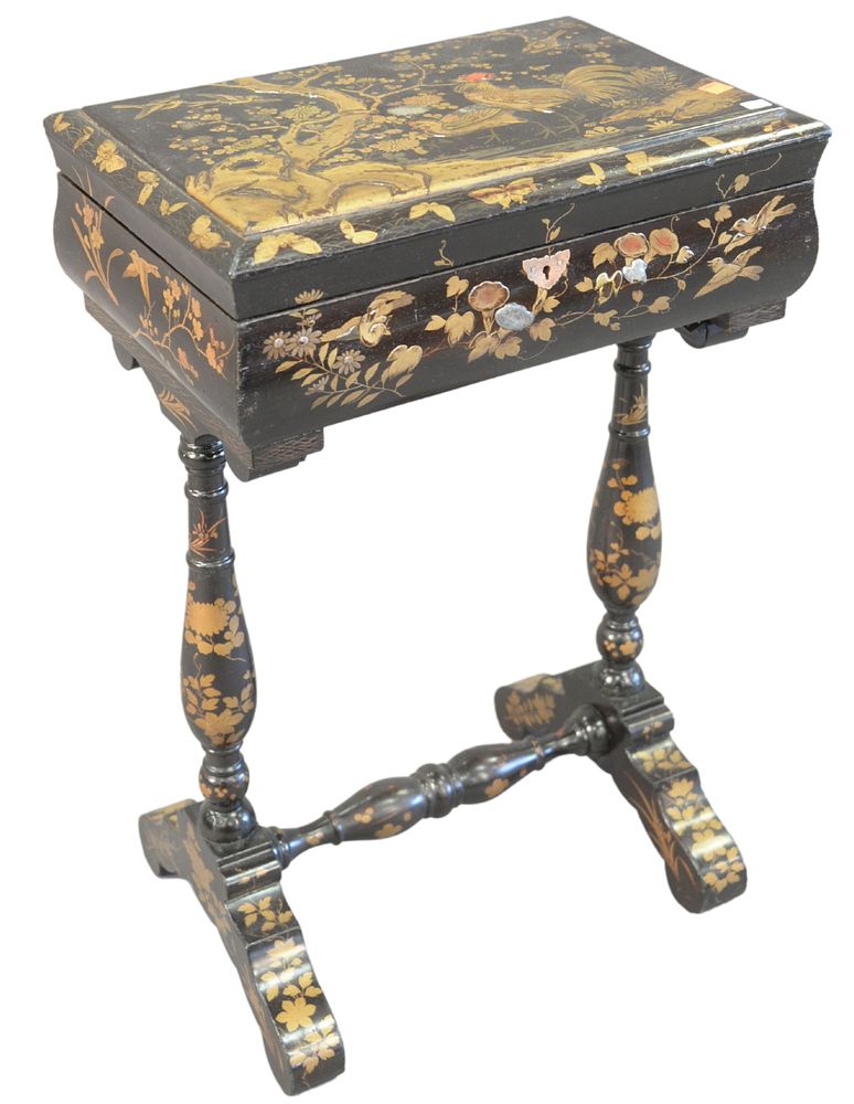 Appraisal: Lacquered Sewing Table having hinged lid top painted trees and