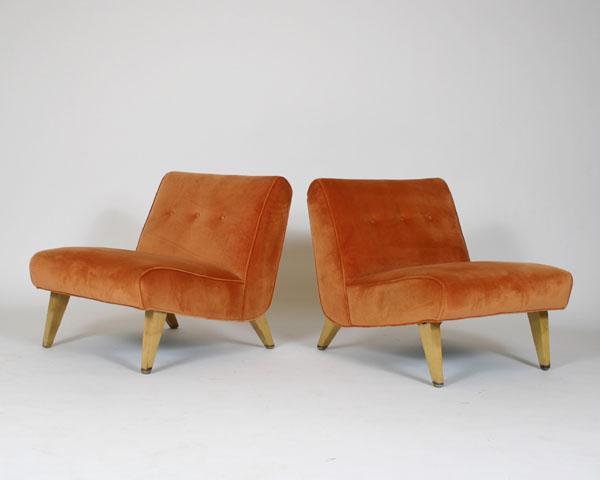 Appraisal: Pair Mid Century modern slipper chairs plush upholstery H x